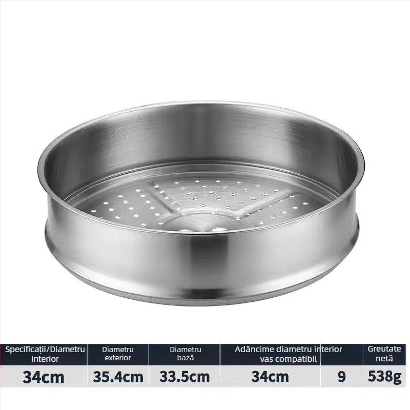 Tigaie aburi rotundă din oțel inox, coș perforat și suport înalt pentru chifle mari la aburi
