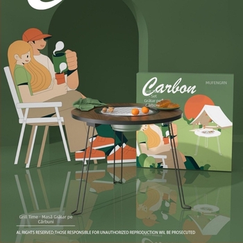 Grătar cu cărbune pliabil, masă rotundă din lemn de 60 cm pentru camping în aer liber