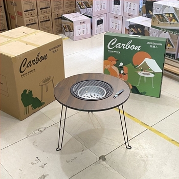 Grătar cu cărbune pliabil, masă rotundă din lemn de 60 cm pentru camping în aer liber