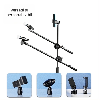 Stativ pentru microfon cu bară transversală, clips pentru telefon și tijă înclinată, placă de prindere pentru trepied