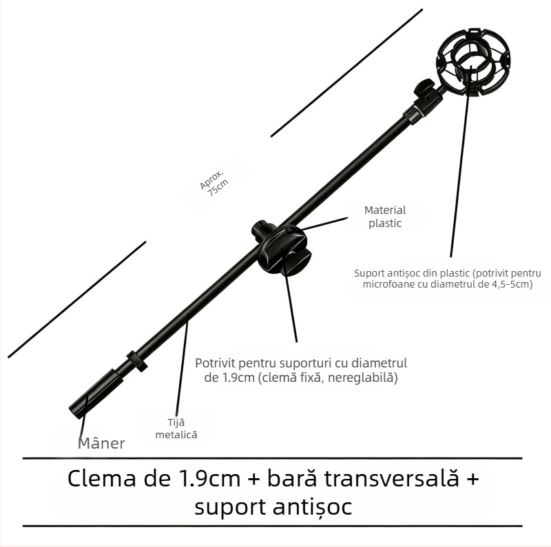 Stativ pentru microfon cu bară transversală, clips pentru telefon și tijă înclinată, placă de prindere pentru trepied