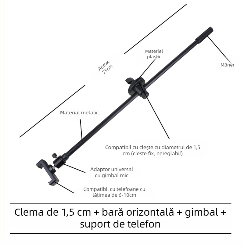 Stativ pentru microfon cu bară transversală, clips pentru telefon și tijă înclinată, placă de prindere pentru trepied