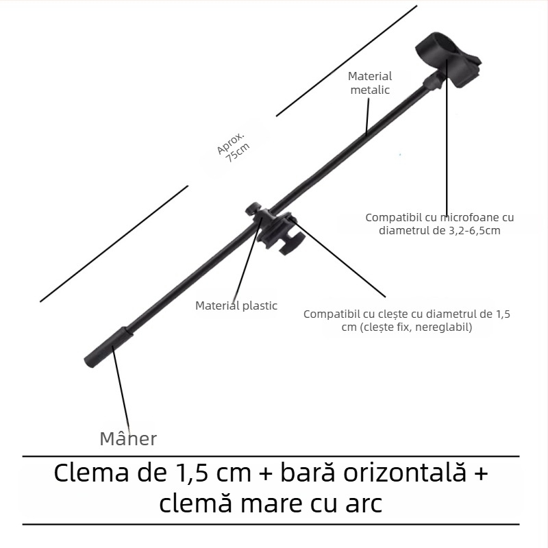 Stativ pentru microfon cu bară transversală, clips pentru telefon și tijă înclinată, placă de prindere pentru trepied