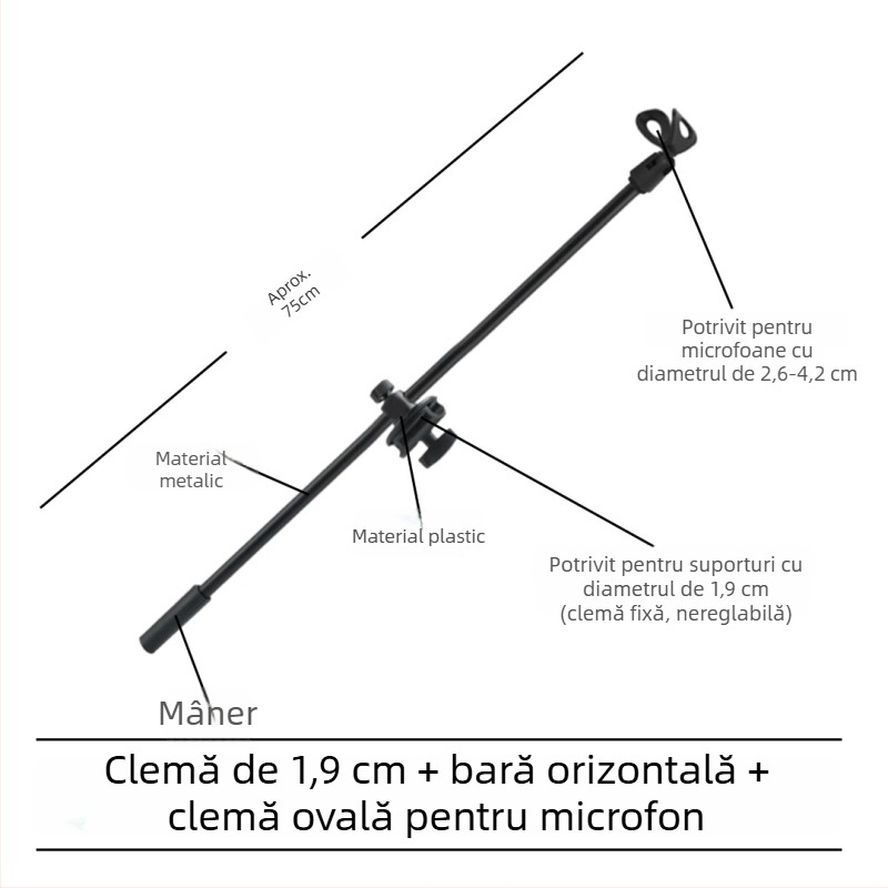 Stativ pentru microfon cu bară transversală, clips pentru telefon și tijă înclinată, placă de prindere pentru trepied