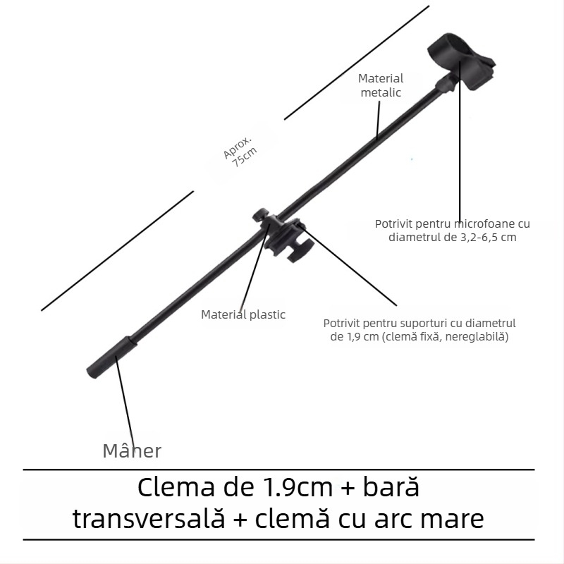 Stativ pentru microfon cu bară transversală, clips pentru telefon și tijă înclinată, placă de prindere pentru trepied
