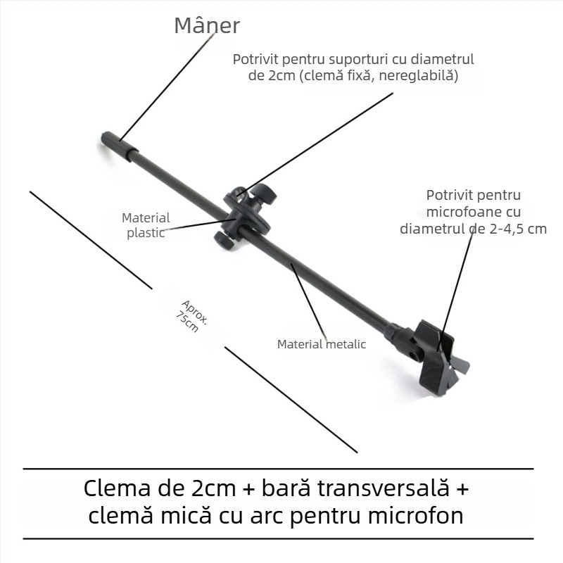 Stativ pentru microfon cu bară transversală, clips pentru telefon și tijă înclinată, placă de prindere pentru trepied