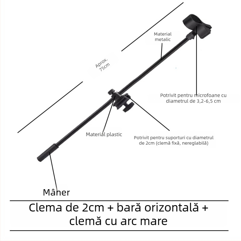 Stativ pentru microfon cu bară transversală, clips pentru telefon și tijă înclinată, placă de prindere pentru trepied