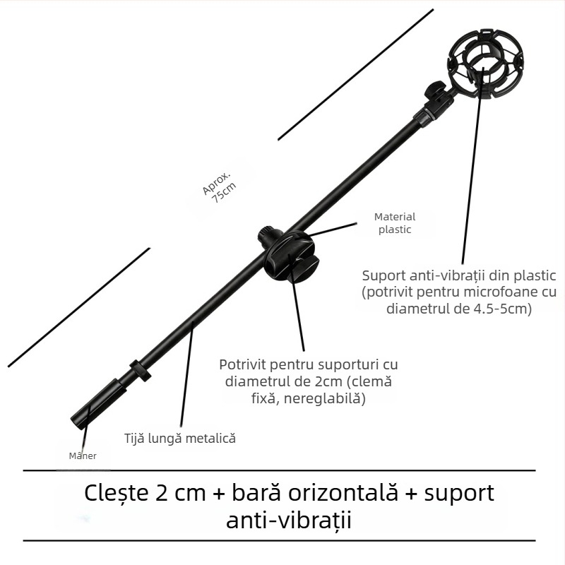 Stativ pentru microfon cu bară transversală, clips pentru telefon și tijă înclinată, placă de prindere pentru trepied