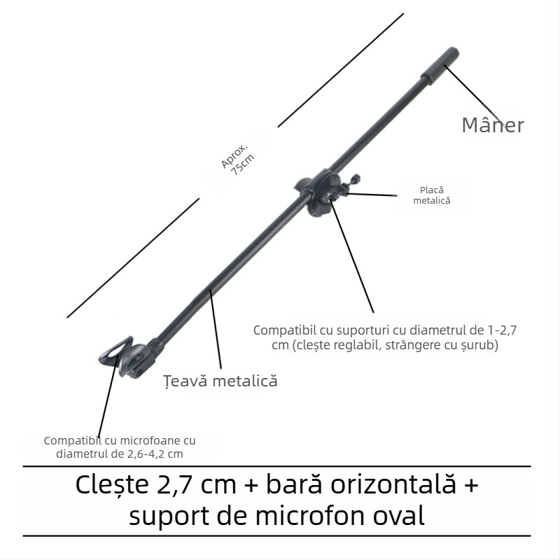 Stativ pentru microfon cu bară transversală, clips pentru telefon și tijă înclinată, placă de prindere pentru trepied