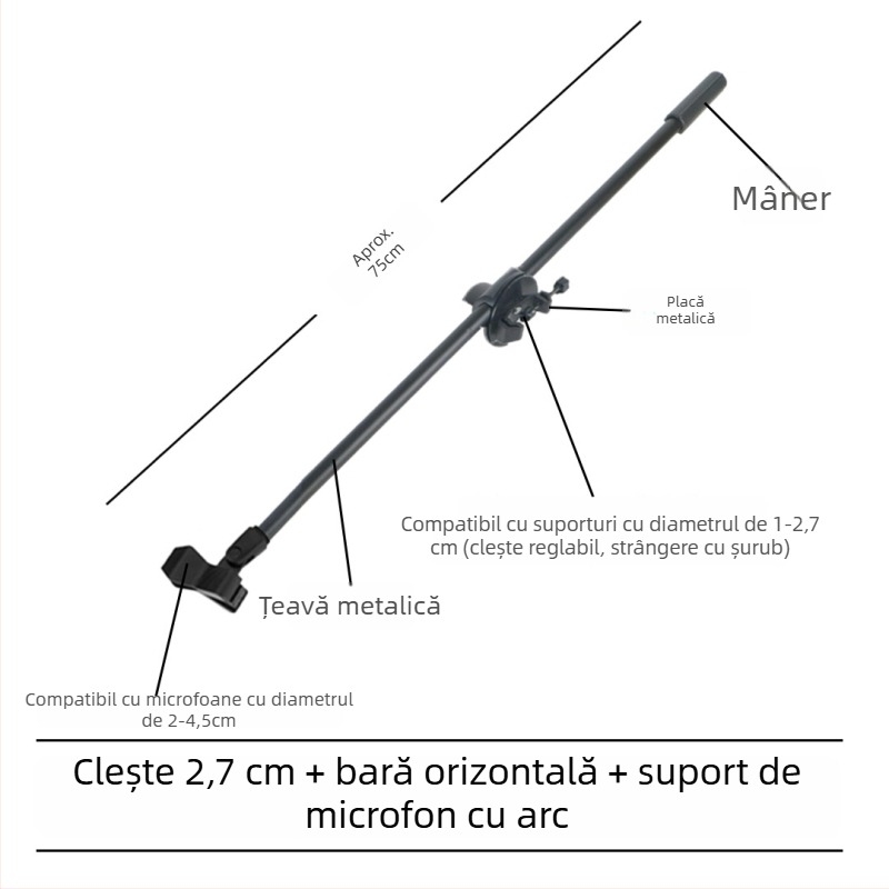 Stativ pentru microfon cu bară transversală, clips pentru telefon și tijă înclinată, placă de prindere pentru trepied