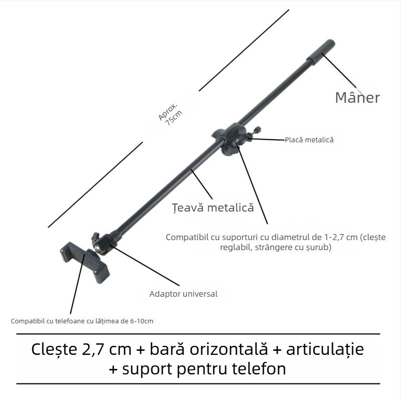 Stativ pentru microfon cu bară transversală, clips pentru telefon și tijă înclinată, placă de prindere pentru trepied