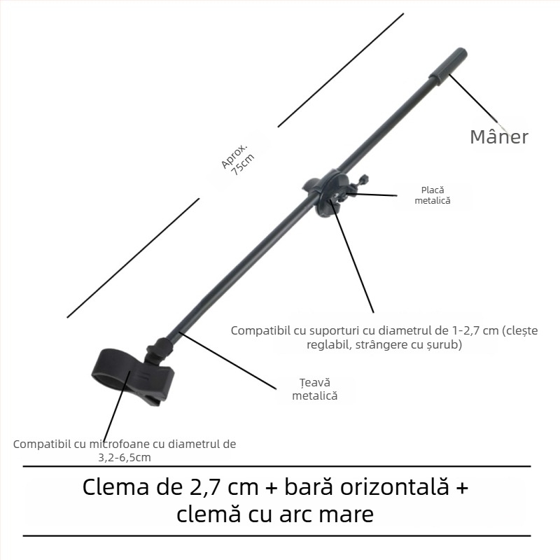 Stativ pentru microfon cu bară transversală, clips pentru telefon și tijă înclinată, placă de prindere pentru trepied