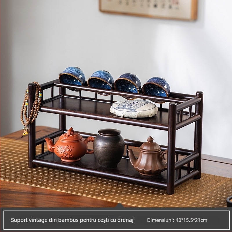 Suport din bambus pentru cești și ceainic, spațiu de depozitare stil chinezesc pentru camera de ceai, afișaj pentru accesorii ceremonie Kung Fu