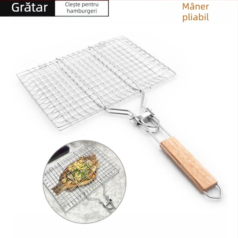 Clip de grătar din oțel inoxidabil cu mâner pliabil, grilă pătrată și clips pentru cârnați
