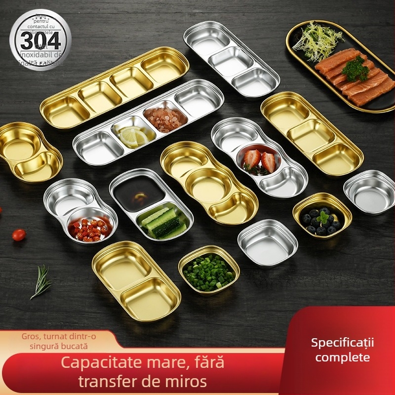 Farfurie pentru dip în stil coreean, din oțel inoxidabil 304, finisaj auriu, formă pătrată, ideală pentru sosuri, hot pot și grătare, camping.