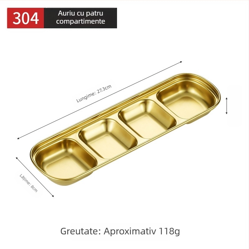 Farfurie pentru dip în stil coreean, din oțel inoxidabil 304, finisaj auriu, formă pătrată, ideală pentru sosuri, hot pot și grătare, camping.