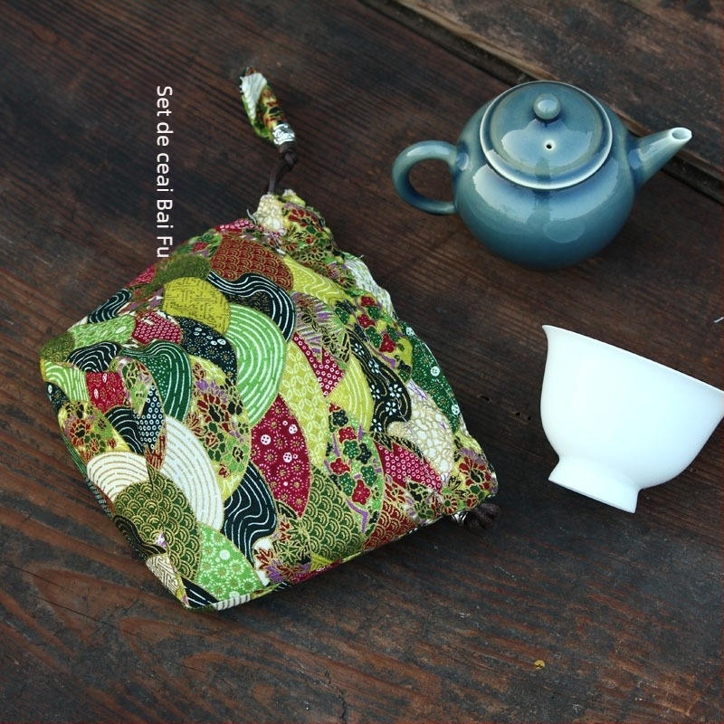 Sac de depozitare pentru set de ceai din material textil gros, bleumarin, pentru ceașcă ceramică și ceainic, închidere cu șnur, portabil.