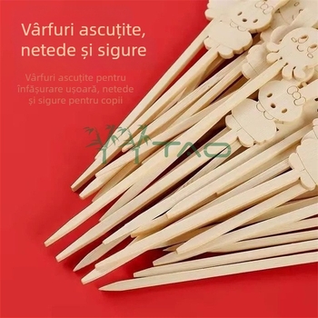 Bețișoare de bambus cu design de desene animate — bețișoare mini cu fructe caramelizate, bețișoare de unică folosință, bețișoare pentru fructe, bețișoare pentru grătar cu cârnați, bețișoare drăguțe de bambus