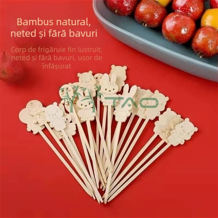 Bețișoare de bambus cu design de desene animate — bețișoare mini cu fructe caramelizate, bețișoare de unică folosință, bețișoare pentru fructe, bețișoare pentru grătar cu cârnați, bețișoare drăguțe de bambus