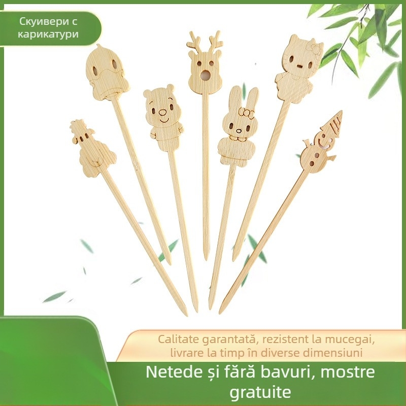 Bețișoare de bambus cu design de desene animate — bețișoare mini cu fructe caramelizate, bețișoare de unică folosință, bețișoare pentru fructe, bețișoare pentru grătar cu cârnați, bețișoare drăguțe de bambus