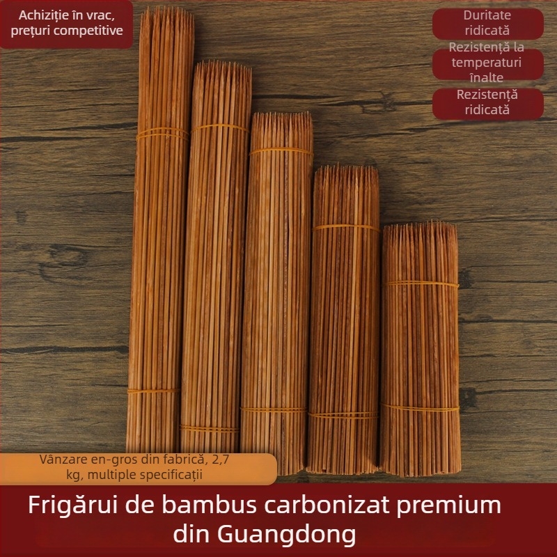 Bețișoare de bambus carbonizate, de unică folosință, extrem de dure, negre, 20–40 cm lungime, Ø 2.0–4.0 mm, pentru grătar – frigărui de miel și cârnați