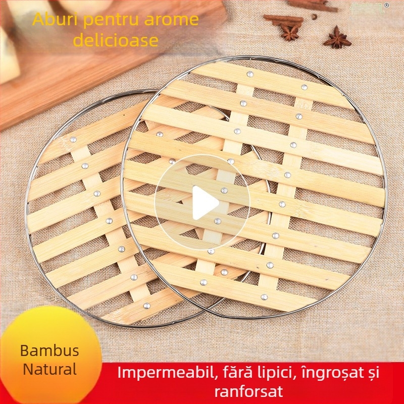 Set de aburi din bambus pentru uz casnic – suport circular pentru aburi, cu platou, coș, covoraș, plasă și raft de aburi