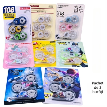 Huagang Set de 3 bucăți de corector cu bandă de corecție, film transparent, capacitate mare, desene animate pentru elevi