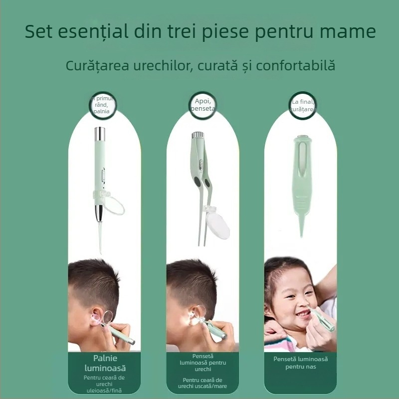 Lingură luminoasă pentru urechi cu iluminare, vârf moale, pentru cerumen la bebeluți și copii