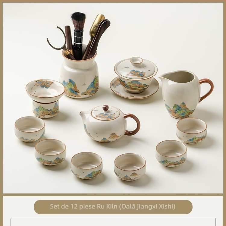 Set de ceai ceramic premium pentru casă și birou, include ceainic, bol cu capac și cești – set complet