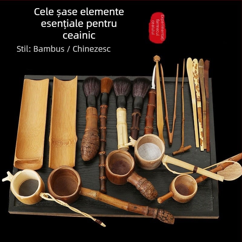 Set de ceai din bambus, stil chinezesc, lucrat manual – șase domni, ceașcă de ceai, perie de ceai, clips de ceai, accesorii ceremonie ceai