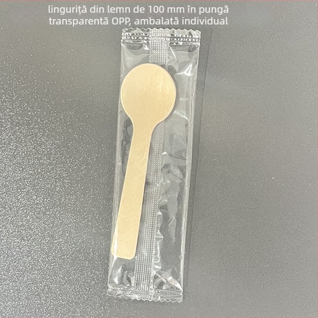 Set tacâmuri din lemn de unică folosință (cuțit, furculiță, lingură); ambalare individuală; lemn de mesteacăn biodegradabil.