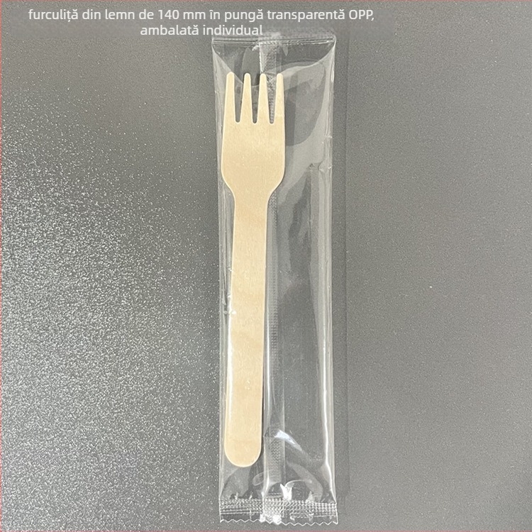 Set tacâmuri din lemn de unică folosință (cuțit, furculiță, lingură); ambalare individuală; lemn de mesteacăn biodegradabil.