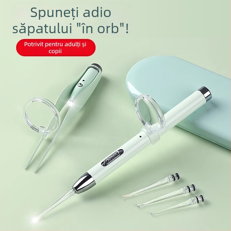 Lingură luminoasă de curățare a urechilor cu lumină, vârf moale, verde/purpură