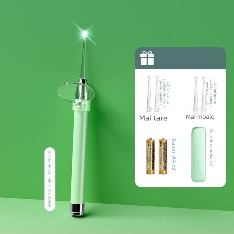Lingură luminoasă de curățare a urechilor cu lumină, vârf moale, verde/purpură