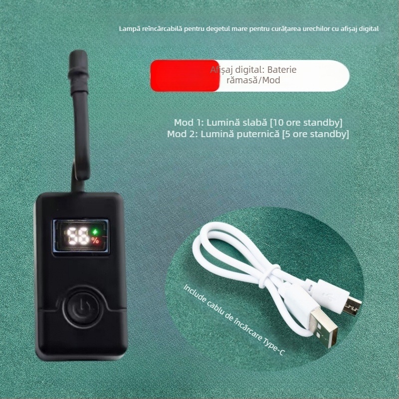 Lampă deget cu afișaj digital, reîncărcabilă, pentru curățarea urechilor, cu endoskop