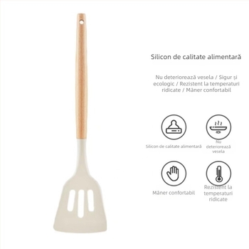 Spatulă din silicon cu mâner din lemn, rezistentă la temperaturi înalte, antiaderentă pentru gătit, 1 bucată