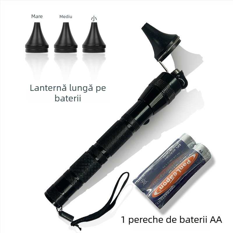 Lampă endoscopică pentru urechi, alimentată cu baterii, lampă de mână profesională, otoskop din oțel inoxidabil, negru
