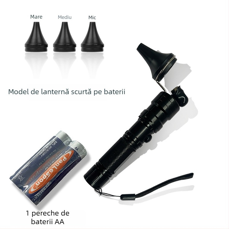 Lampă endoscopică pentru urechi, alimentată cu baterii, lampă de mână profesională, otoskop din oțel inoxidabil, negru