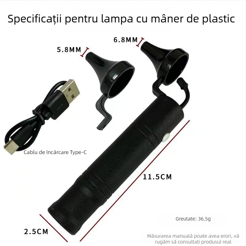 Lampă endoscopică pentru urechi, alimentată cu baterii, lampă de mână profesională, otoskop din oțel inoxidabil, negru