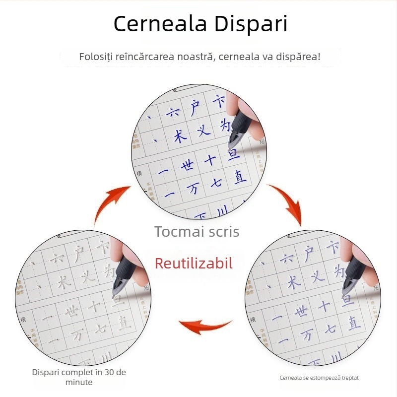 Exercițiu de scriere în script normal, 15 zile, cu pagini canelate, pentru elevi, liceu și adulți