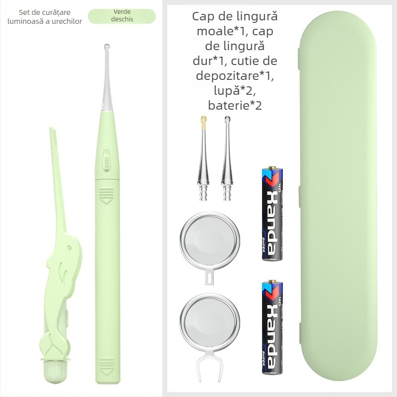 Set de curățare a urechilor pentru copii cu LED – lingurițe de urechi luminoase, cu pensetă și lupă