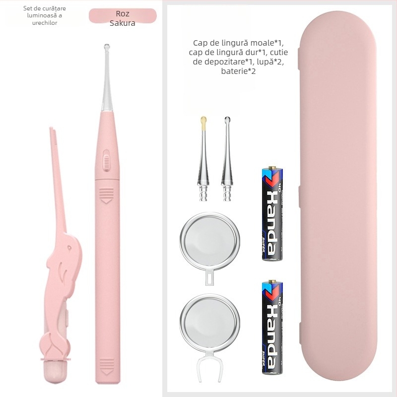 Set de curățare a urechilor pentru copii cu LED – lingurițe de urechi luminoase, cu pensetă și lupă