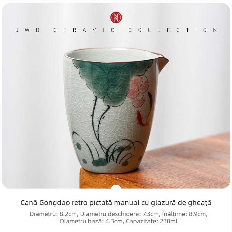 Set Gongfu de ceai cu cană de distribuție echitabilă, ceramică, porțelan alb, glazură Ice Crystal, motiv lotus, lux retro