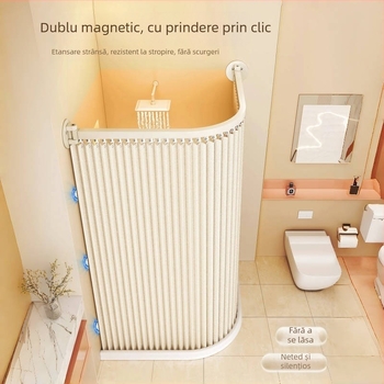 Set perdea de duș magnetic, fără găuri, perdea de separare curbată pentru baie, țesătură impermeabilă pentru duș, separare uscat-umed, pliabil