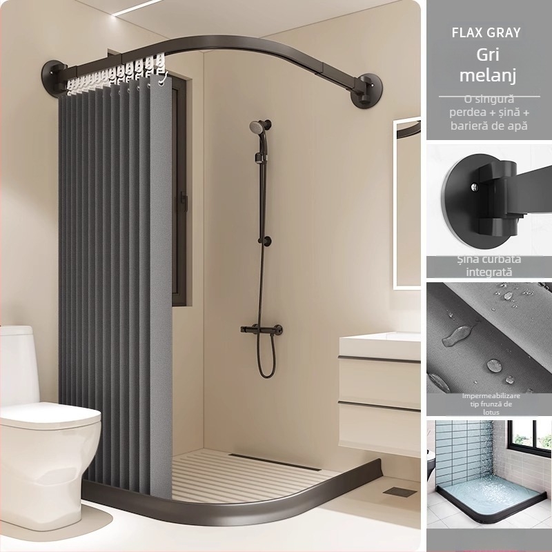 Set perdea de duș magnetic, fără găuri, perdea de separare curbată pentru baie, țesătură impermeabilă pentru duș, separare uscat-umed, pliabil