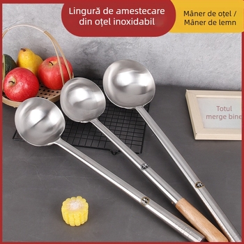 Spatulă din oțel inoxidabil, cu mâner lung din lemn, pentru gătit