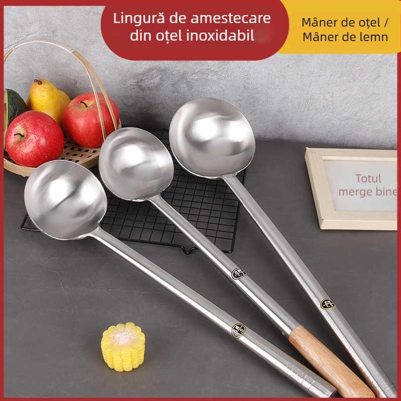 Spatulă din oțel inoxidabil, cu mâner lung din lemn, pentru gătit