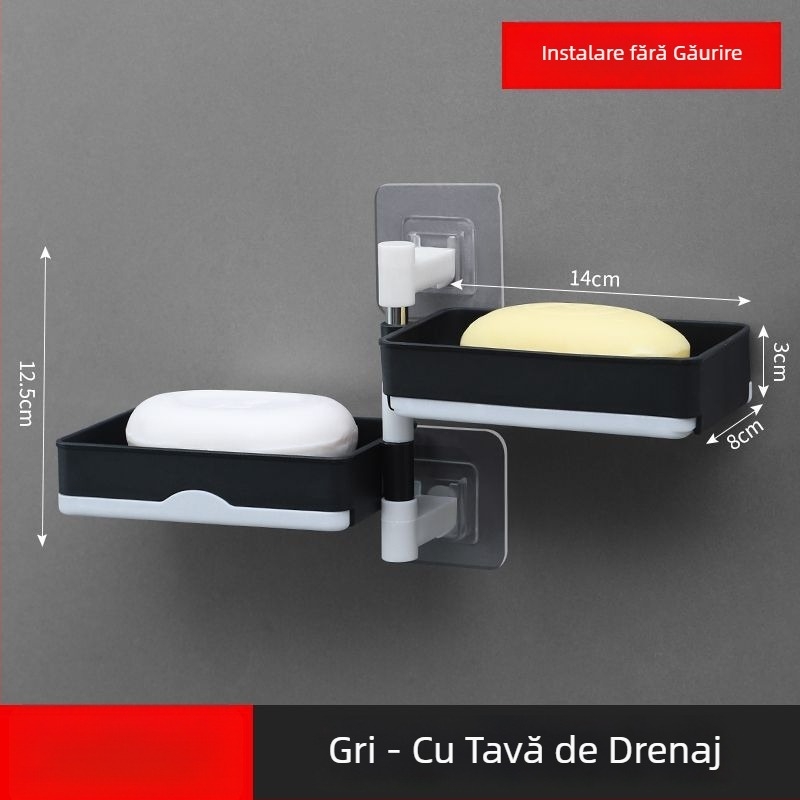 Suport de săpun rotativ pe perete, cu două niveluri și drenaj, pentru baie