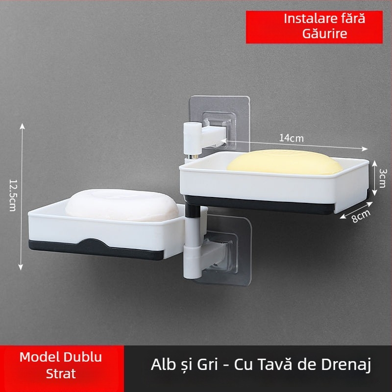 Suport de săpun rotativ pe perete, cu două niveluri și drenaj, pentru baie