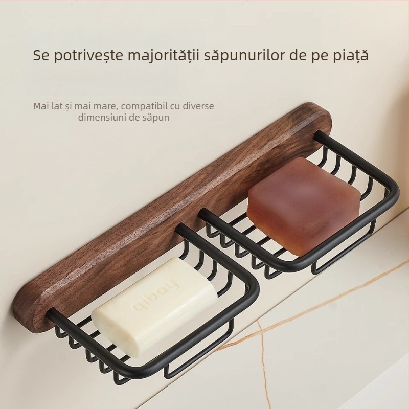 Suport de săpun montat pe perete cu drenaj, fără găuri, din aluminiu Space, finisaj nuc